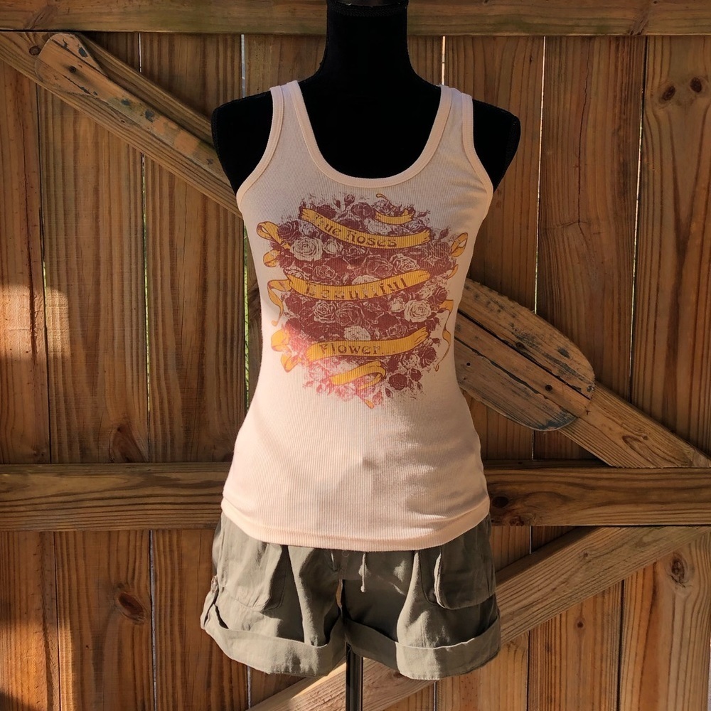 Be Cool Cream Ribbed Tank Top with Faded Red Roses Design Size M